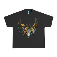 Pigment Black boho deer skull sunflowers and gemstone Urban Heavy Tee - RanaPortraitStore