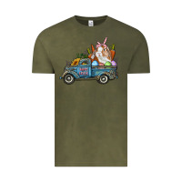 Vintage Olive Happy Easter Truck with Bunny Eggs And Carrot Vintage Tee - RanaPortraitStore