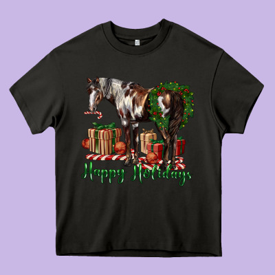 Happy Holidays Mustang Horse Heavy Core Tee Designed By Lillyallendesigns