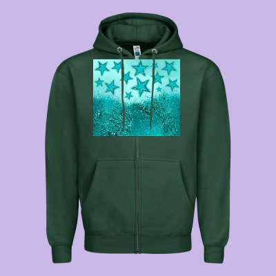 Turquoise Glitter Star Zipper Hoodie Designed By Jahusdesignshop
