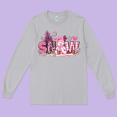 Pink Snowman And Snow Long Sleeve Tee Designed By Adodesignshop