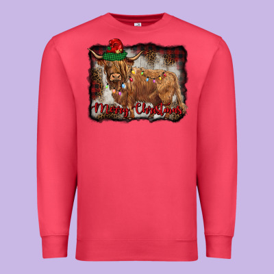 Merry Christmas Highland Cow Premium Sweatshirt Designed By Barkaloodesign
