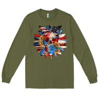Army Green 4th of July sunflower skull 4th of july Long Sleeve Tee - CowGirlArtShop