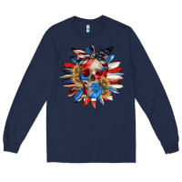 Navy 4th of July sunflower skull 4th of july Long Sleeve Tee - CowGirlArtShop