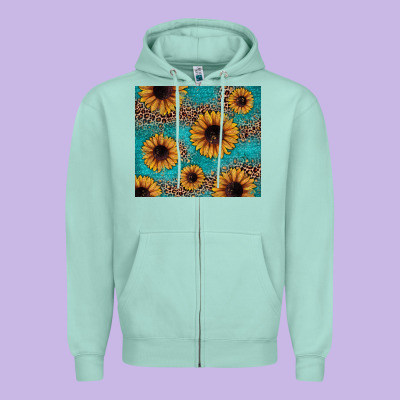 Sunflower Turquoise Glitter Zipper Hoodie Designed By Jahusdesignshop