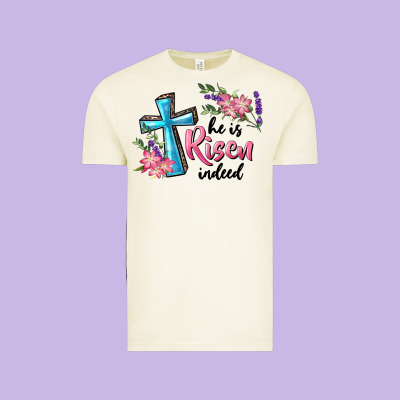 Vintage Tee He Is Risen Indeed Cross And Flowers