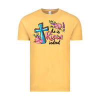 Vintage Mustard He Is Risen Indeed Cross And Flowers Vintage Tee - RanaPortraitStore