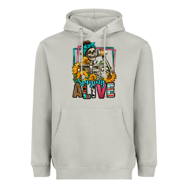Staying Alive Coffee Drinking Skeleton Heavyweight Hoodie by Jasminsmagicworld | Teevron