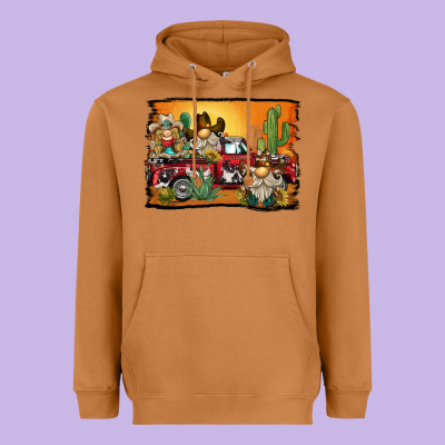 Western Truck Cowboy Gnome Background Heavyweight Hoodie Designed By Barkaloodesign