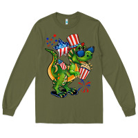 Army Green 4th of July T-Rex Long Sleeve Tee - CowGirlArtShop