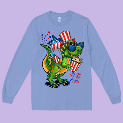 4th Of July T-rex Long Sleeve Tee Designed By Cowgirlartshop