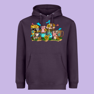Farm Cute Animals With Sunflower Coffee Cups Heavyweight Hoodie Designed By Nancycooperartshop