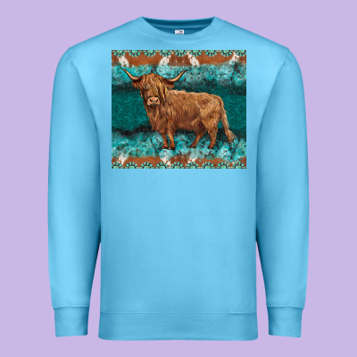 Turquoises Gemstones Cowhide Highland Cow Premium Sweatshirt Designed By Barkaloodesign