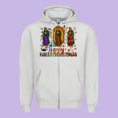 Our Lady Of Guadalupe Happy Hallothanksmas Zipper Hoodie Designed By Jahusdesignshop