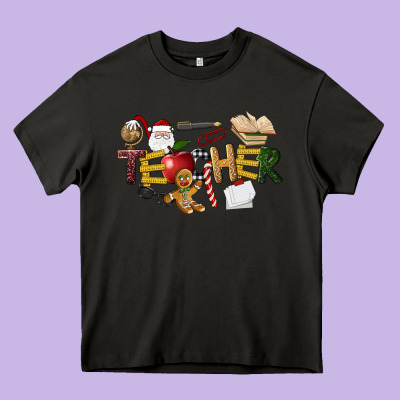 Christmas Teacher Heavy Core Tee Designed By Lillyallendesigns
