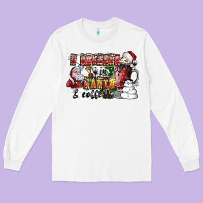 I Believe In Santa And Coffee Long Sleeve Tee Designed By Cowhidedigitalart