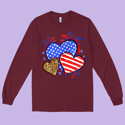 American Flag Leopard Hearts Long Sleeve Tee Designed By Neo Western