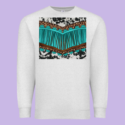 Western Cowhide Leopard Turquoise Fringed Premium Sweatshirt Designed By Barkaloodesign