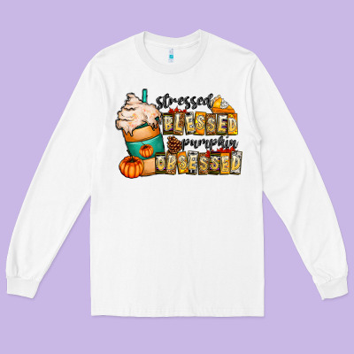 Stressed Blessed Pumpkin Obsessed Long Sleeve Tee Designed By Cowhidedigitalart