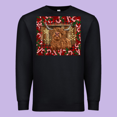 Christmas Highland Cow With Candy Canes Premium Sweatshirt Designed By Barkaloodesign