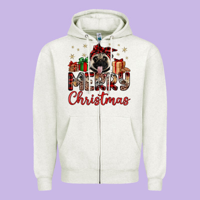 Merry Christmas Pug Zipper Hoodie Designed By Jahusdesignshop