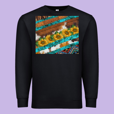 Western Aztec Sunflowers Turquoise Cowhide Premium Sweatshirt Designed By Barkaloodesign