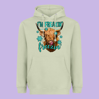 I'm Freakin Freezin Long Haired Cow Heavyweight Hoodie Designed By Jasminsmagicworld