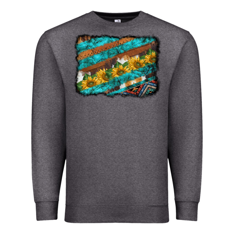 Western Aztec Sunflowers Turquoise Cowhide Background Premium Sweatshirt by BarkalooDesign | Teevron