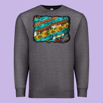 Western Aztec Sunflowers Turquoise Cowhide Background Premium Sweatshirt Designed By Barkaloodesign