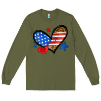 Army Green American flag heart leopard Long Sleeve Tee - Neo Western