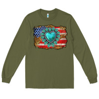 Army Green American flag leopard turquoise gemstone Long Sleeve Tee - Neo Western