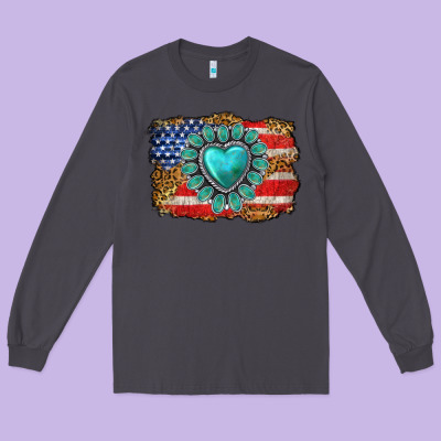 American Flag Leopard Turquoise Gemstone Long Sleeve Tee Designed By Neo Western