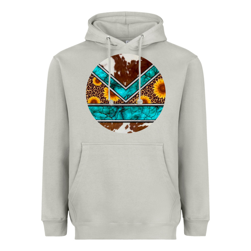 Turquoise Cowhide Leopard Sunflowers Round Heavyweight Hoodie by Artiststas | Teevron
