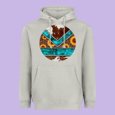 Turquoise Cowhide Leopard Sunflowers Round Heavyweight Hoodie Designed By Artiststas
