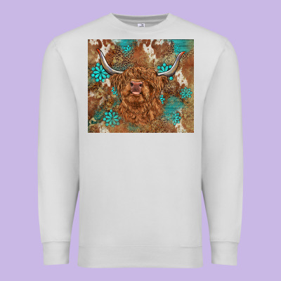 Highland Cow Turquoise Gemstones Western Patterns Premium Sweatshirt Designed By Barkaloodesign