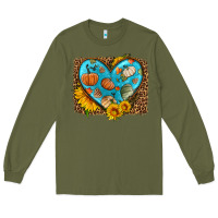Army Green fall pattern heart with leopard background Long Sleeve Tee - HRA Design Shop