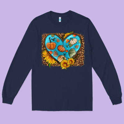 Fall Pattern Heart With Leopard Background Long Sleeve Tee Designed By Hra Design Shop