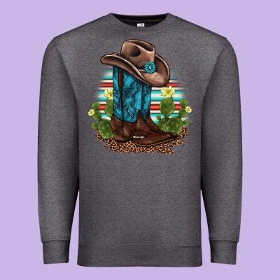 Western Boots And Hat Cactus Leopard Serape Pattern Premium Sweatshirt Designed By Barkaloodesign