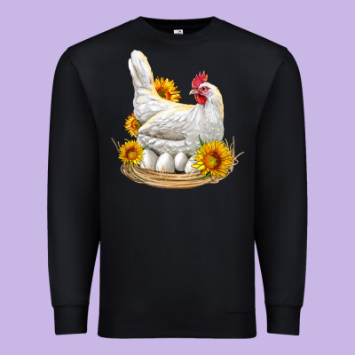 Perched Chicken With Sunflowers Premium Sweatshirt Designed By Lillyallendesigns