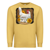 Antique Gold perched chicken with sunflowers leopard background Premium Sweatshirt - LillyAllenDesigns