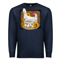 Navy perched chicken with sunflowers leopard background Premium Sweatshirt - LillyAllenDesigns