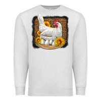 Oatmeal Heather perched chicken with sunflowers leopard background Premium Sweatshirt - LillyAllenDesigns