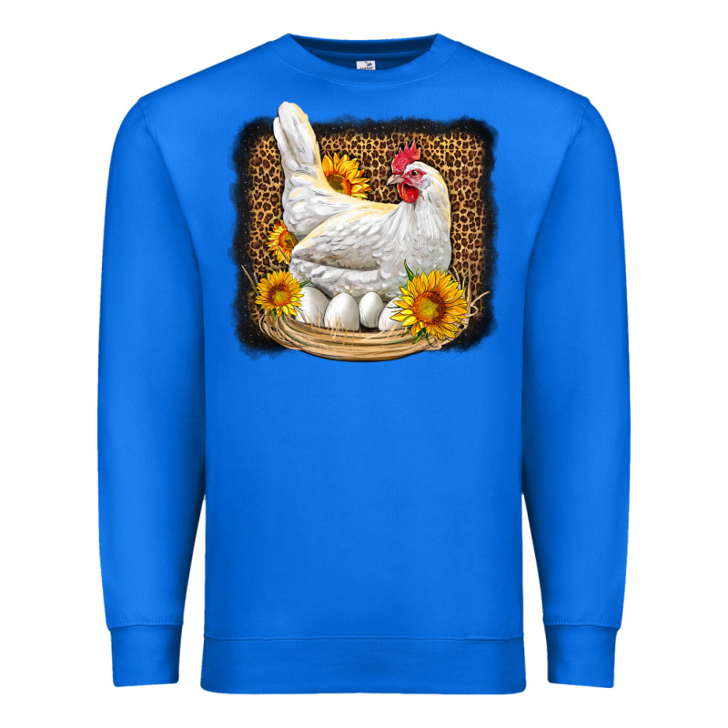 Perched Chicken With Sunflowers Leopard Background Premium Sweatshirt by LillyAllenDesigns | Teevron