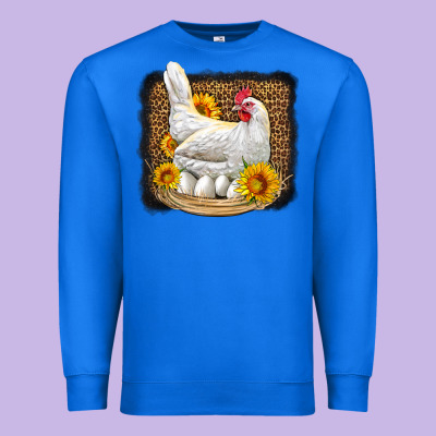 Perched Chicken With Sunflowers Leopard Background Premium Sweatshirt Designed By Lillyallendesigns