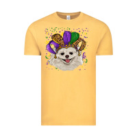 Vintage Mustard Mardi Gras White Pomeranian with Hat Vintage Tee - RanaPortraitStore