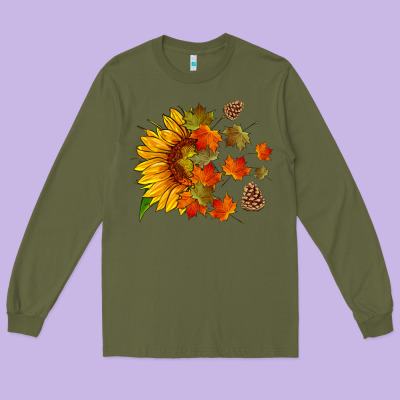 Sunflower And Autumn Leaves Long Sleeve Tee Designed By Hra Design Shop