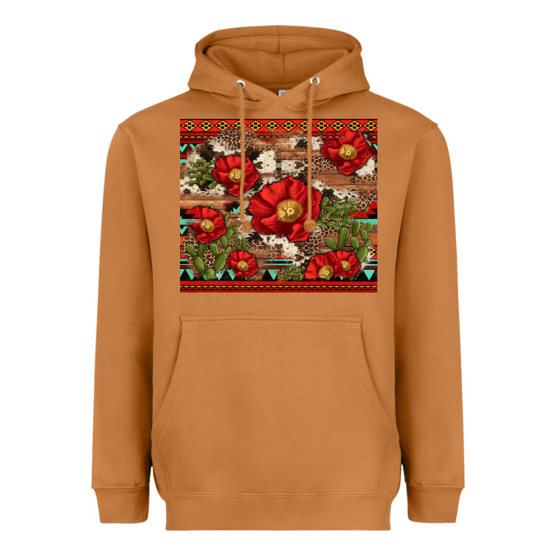 Red Flower And Cactus With Cowhide And Aztec Heavyweight Hoodie by Artiststas | Teevron