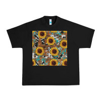 Black western sunflowers turquoise cowhide seamless background Urban Heavy Tee - RanaPortraitStore