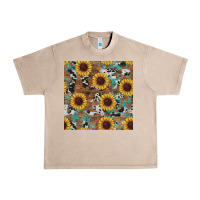 Western Sunflowers Turquoise Cowhide Seamless Background Urban Heavy Tee | Teevron