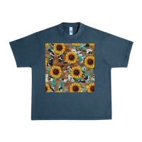 Midnight Navy western sunflowers turquoise cowhide seamless background Urban Heavy Tee - RanaPortraitStore